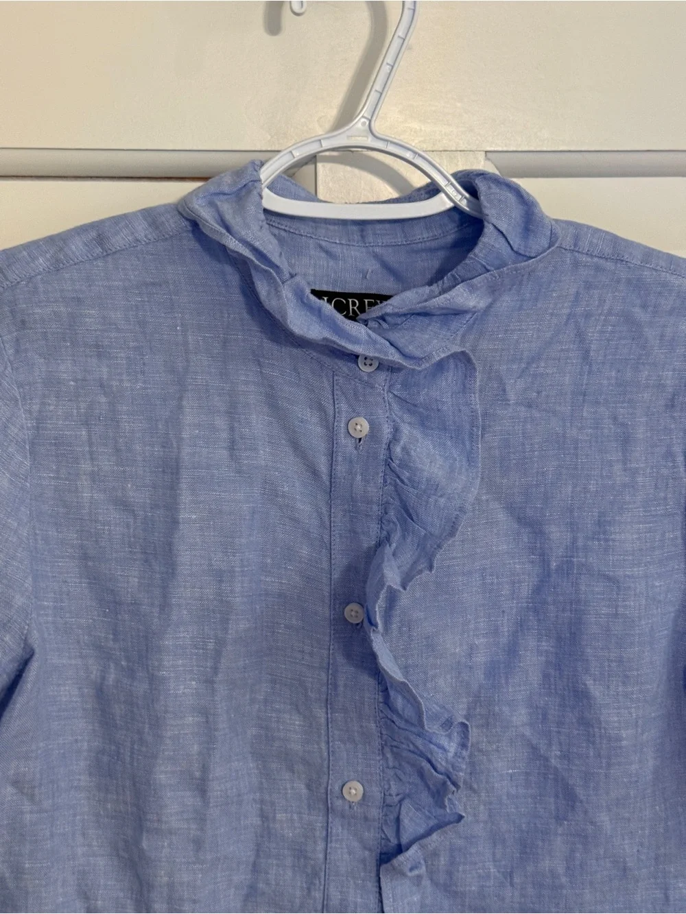 J.Crew Blue 100% Linen Ruffle Short Sleeve Button Front Top Size 0 6021_4
